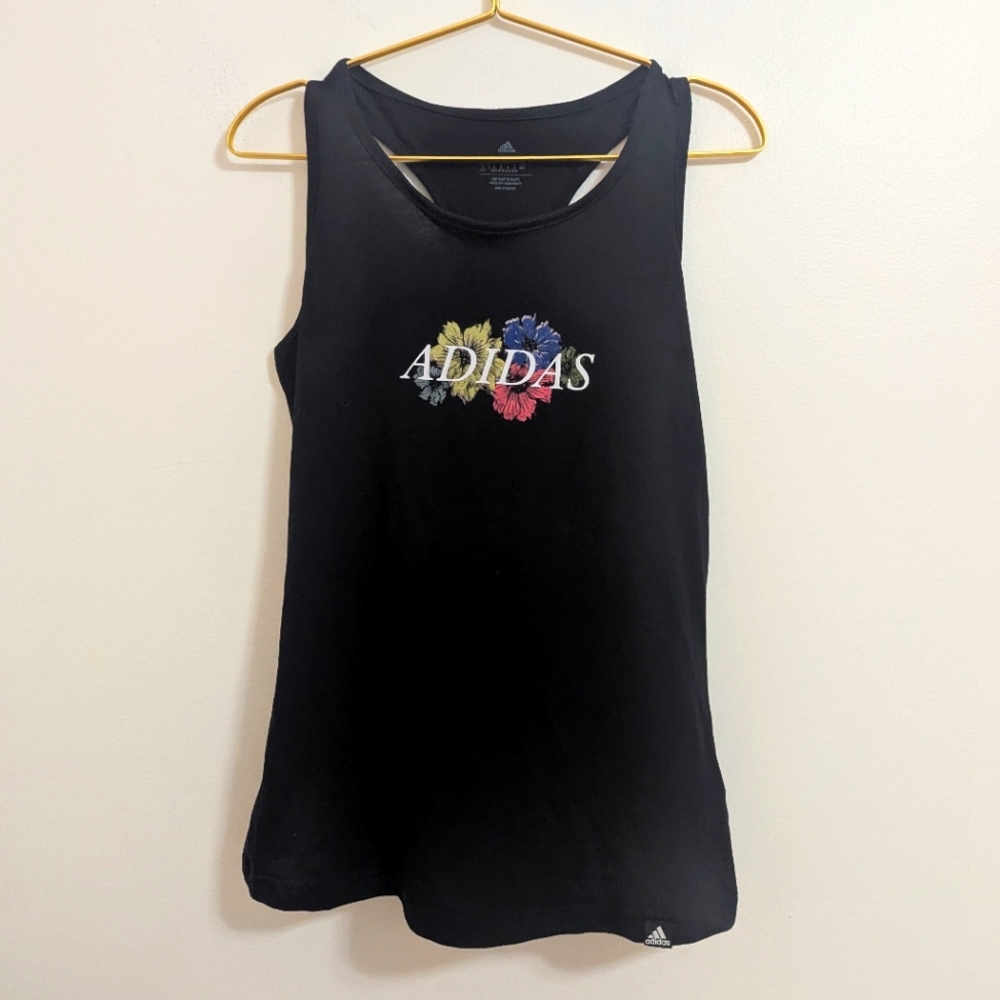 NWT Adidas Medium Black Racerback Tank Top with Vibrant Floral Logo